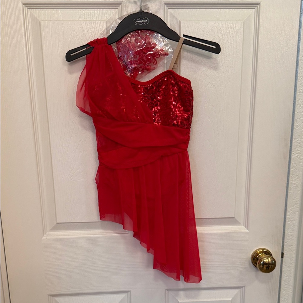 Revolution Red Sequin One-Shoulder Kids Dance Leotard Costume